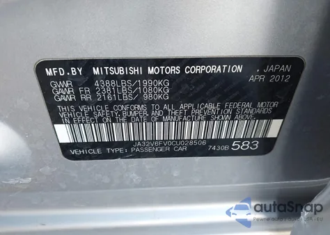 2012 Mitsubishi Lancer Ralliart из США, поврежденный, VIN JA32V6FV0CU028506